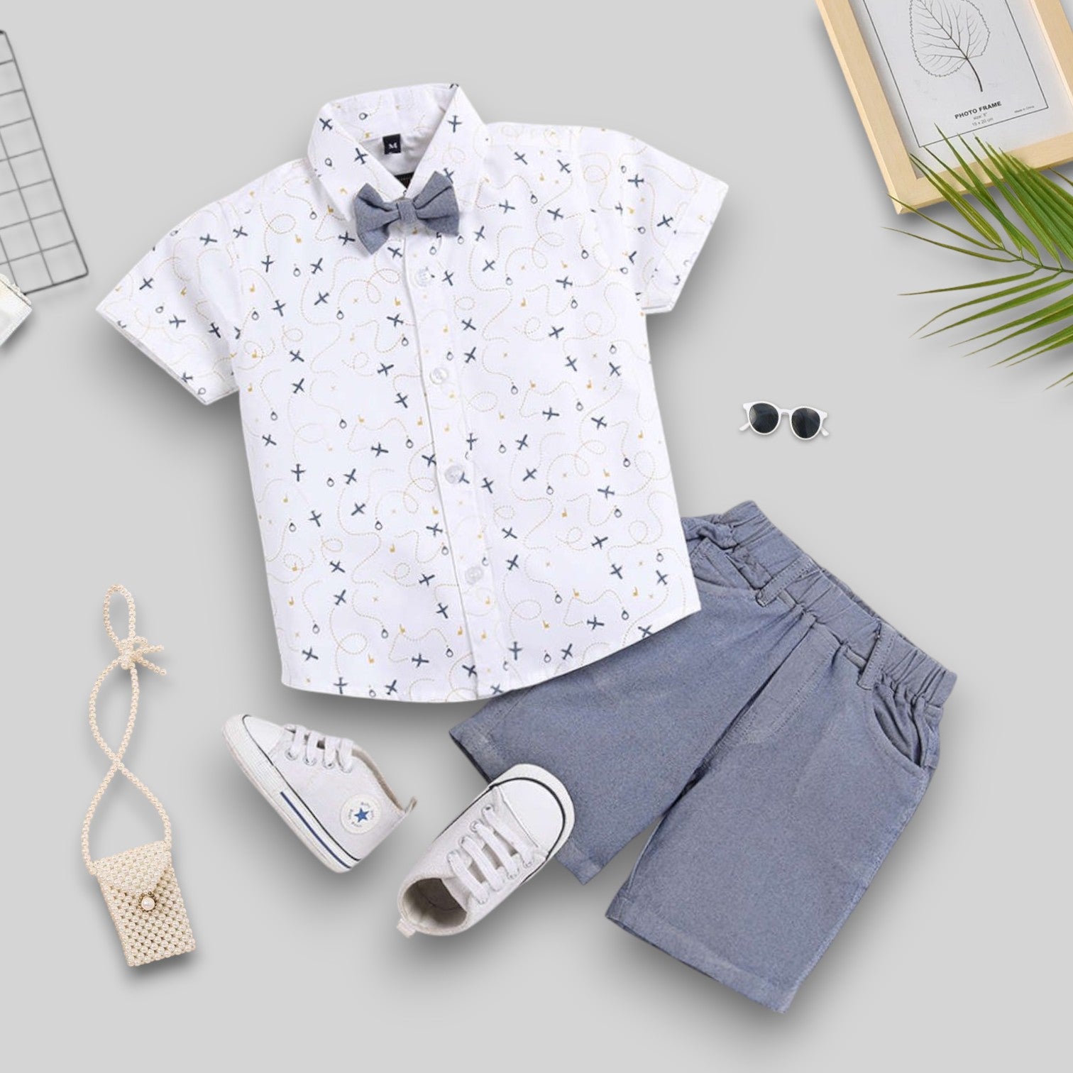 Kukus91 Boys white printed and Cream short pair set