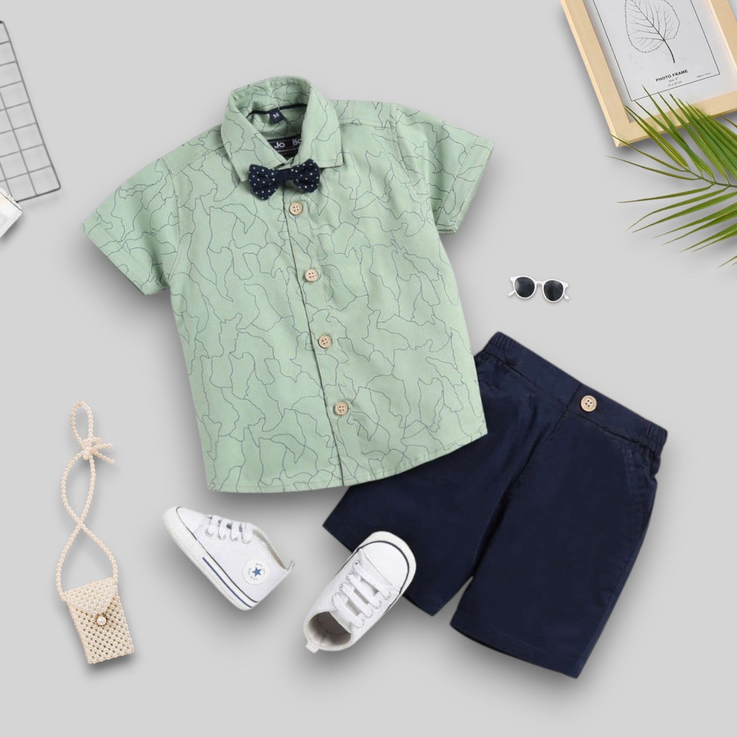 Kukus91 Boys Light Green printed shirt with short pair set