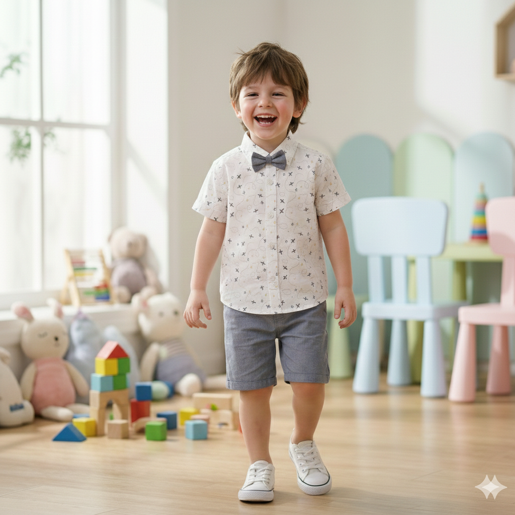 Boys white printed and Cream short pair set