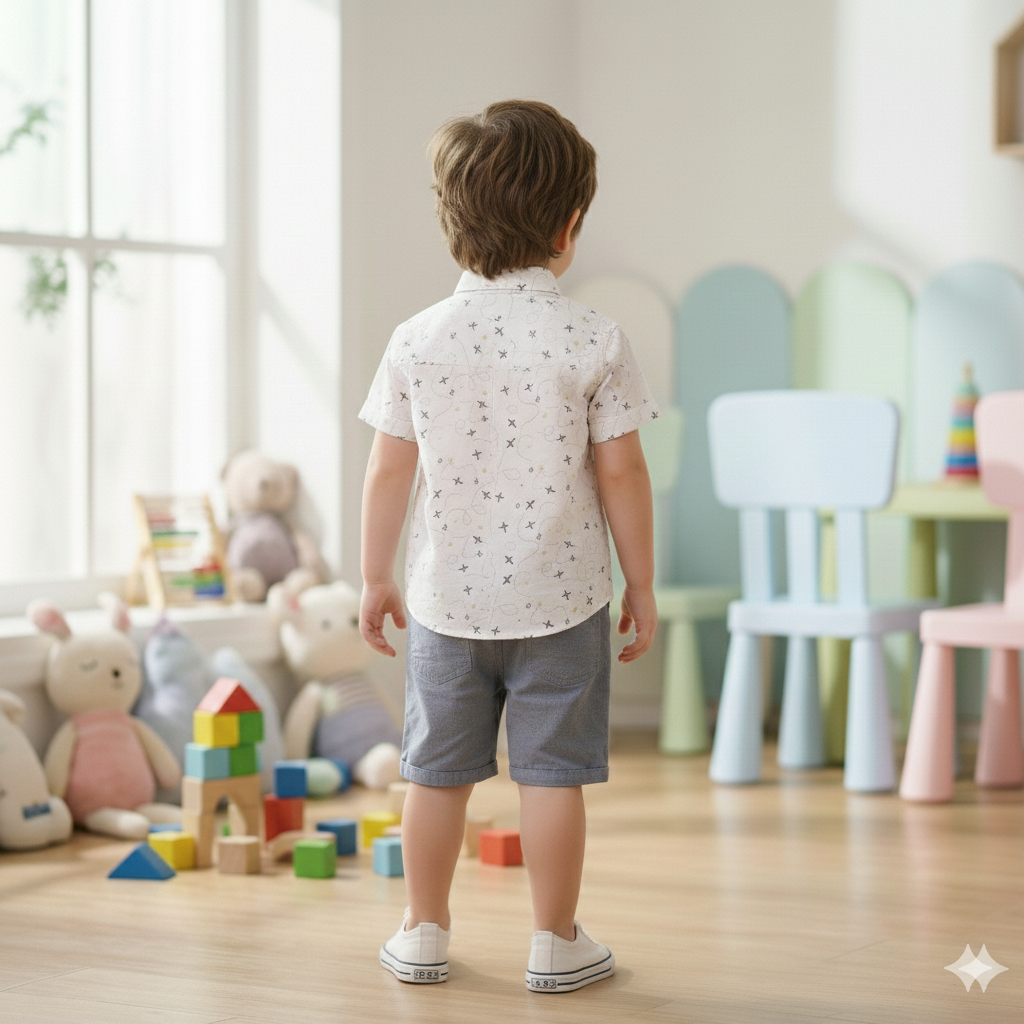 Boys white printed and Cream short pair set