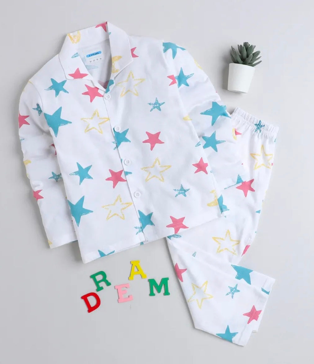Kukus91 Baby white star Unisex Night suit Pair