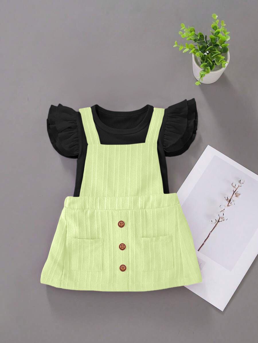 Kids Girls Mint Ruffle Sleeve Ribbed Top with Black Pinafore Skirt