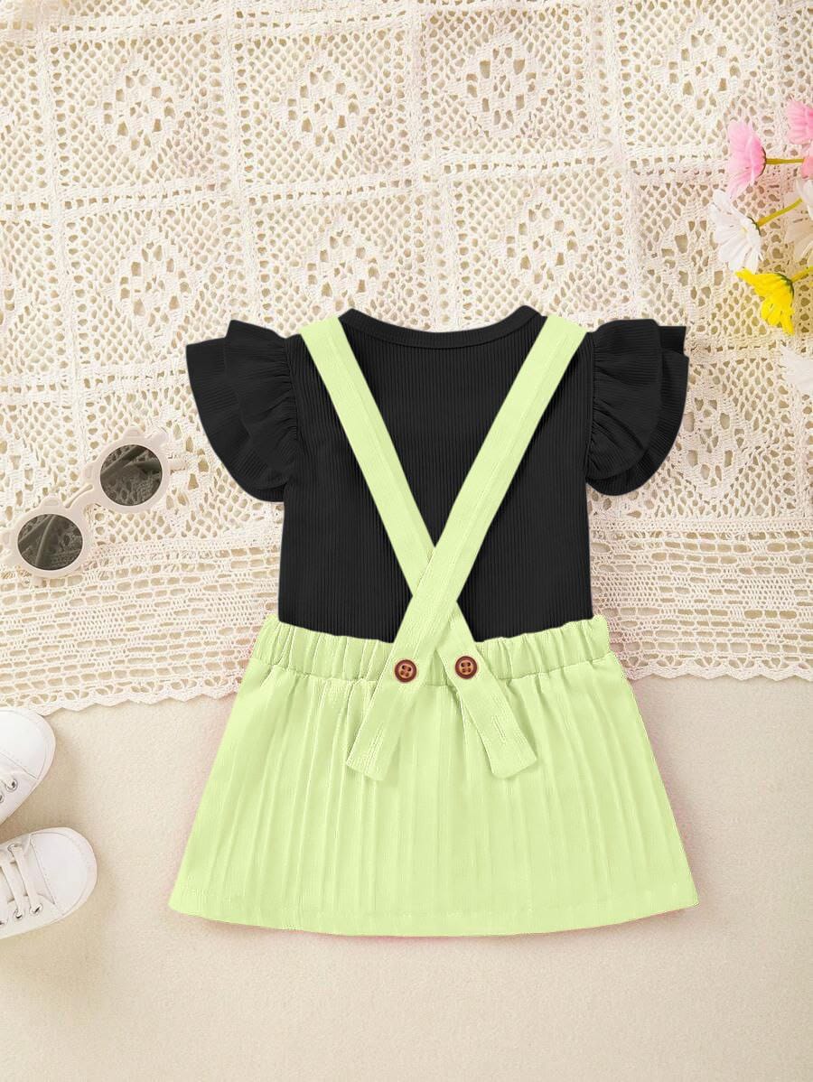 Kids Girls Mint Ruffle Sleeve Ribbed Top with Black Pinafore Skirt