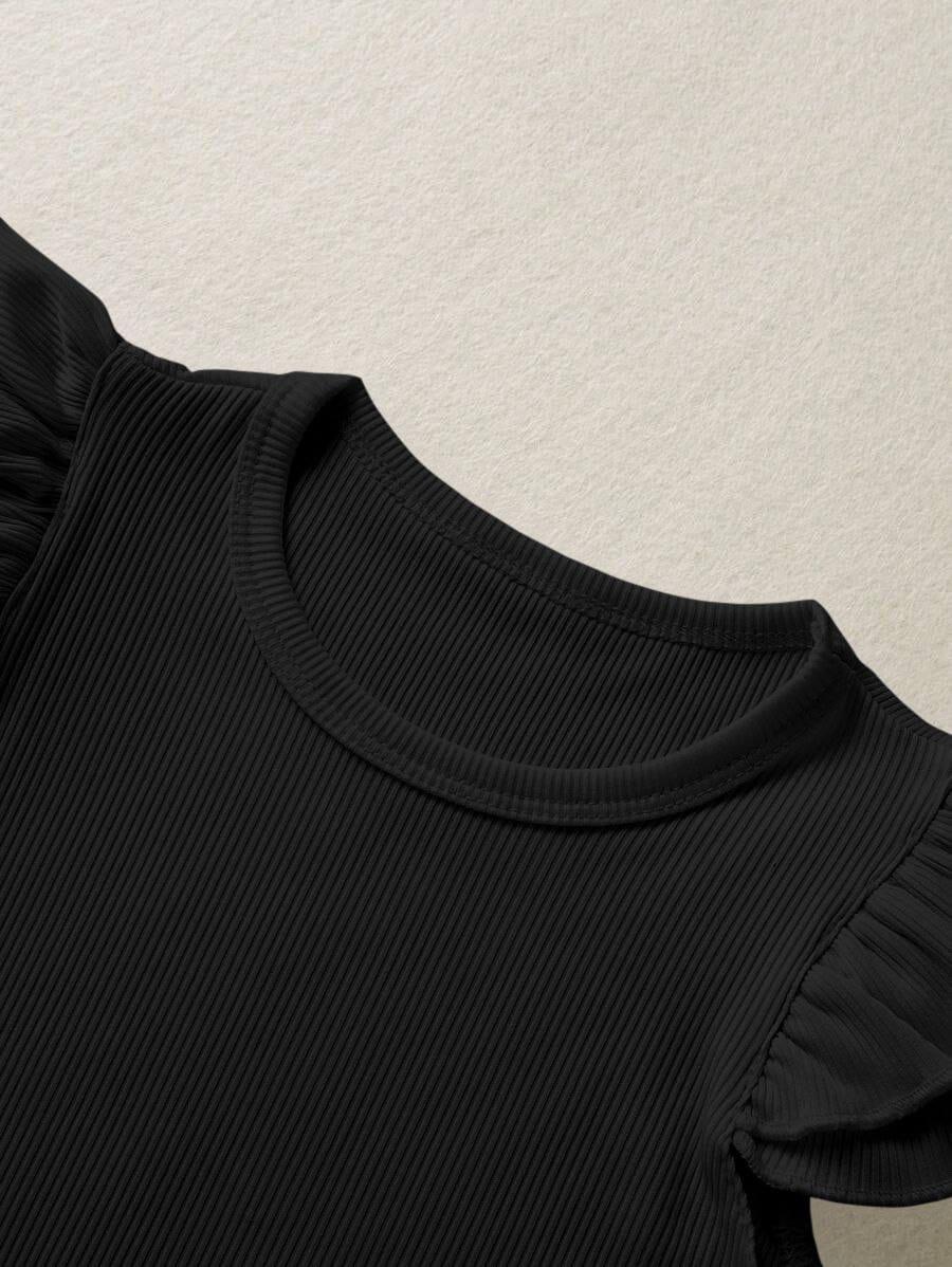 Kids Girls Mint Ruffle Sleeve Ribbed Top with Black Pinafore Skirt