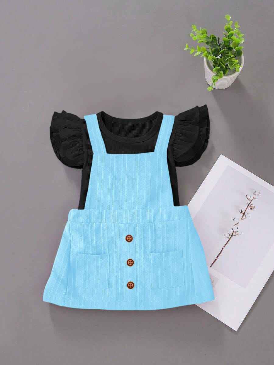 Kids Girls Mint Ruffle Sleeve Ribbed Top with Black Pinafore Skirt