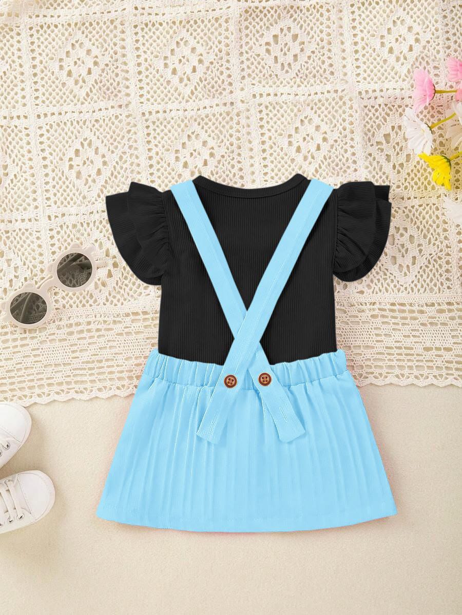Kids Girls Mint Ruffle Sleeve Ribbed Top with Black Pinafore Skirt