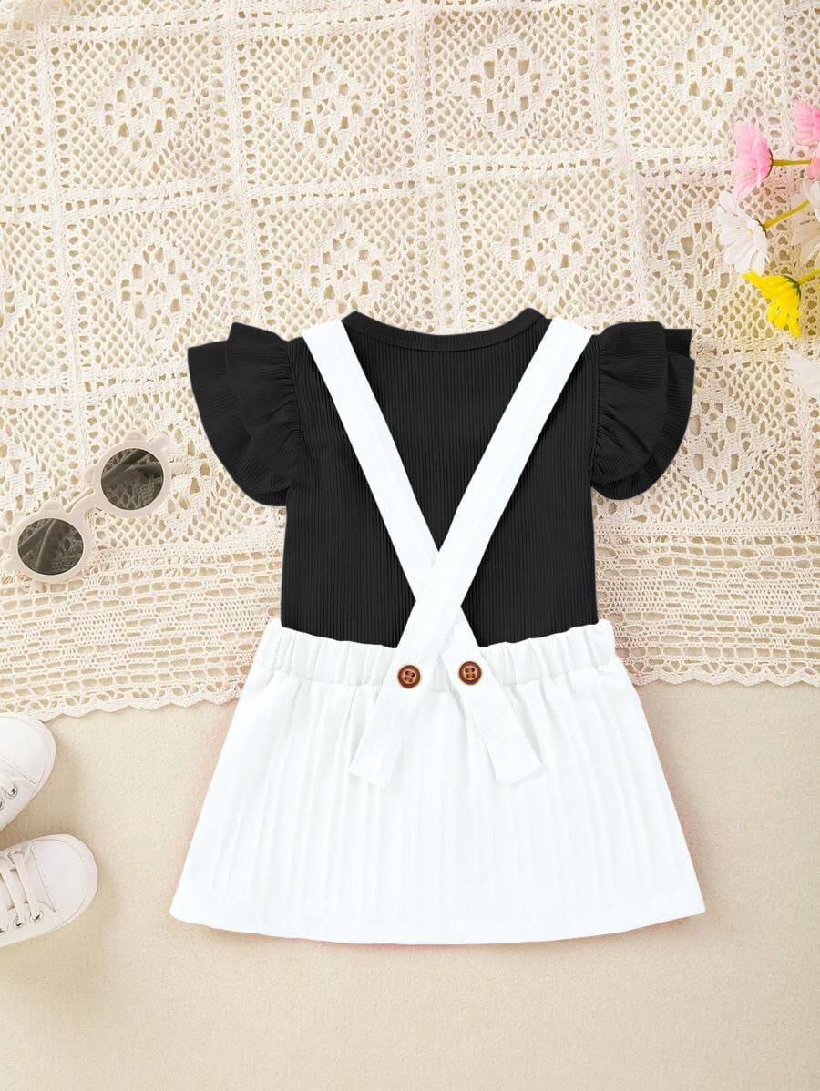 Kids Girls Mint Ruffle Sleeve Ribbed Top with Black Pinafore Skirt