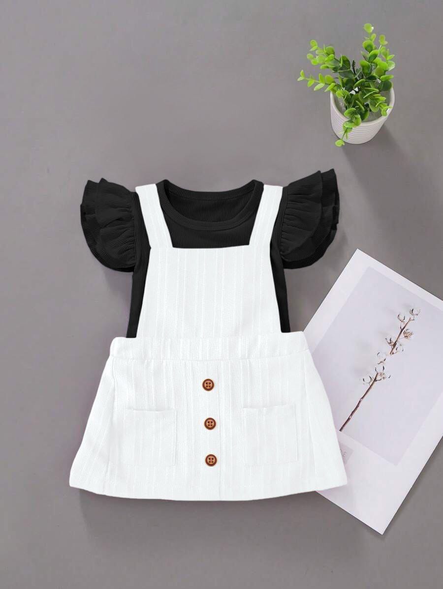 Kids Girls Mint Ruffle Sleeve Ribbed Top with Black Pinafore Skirt